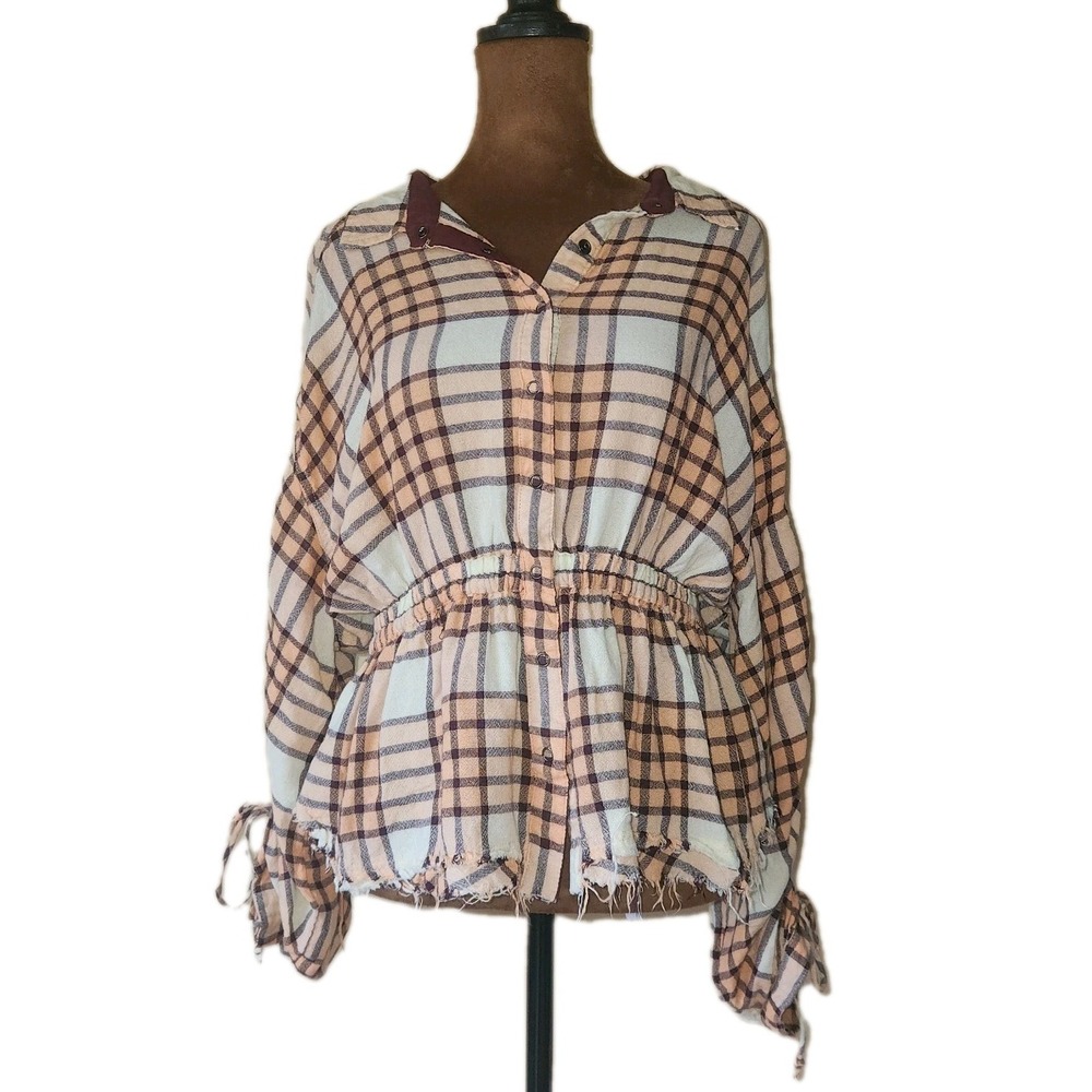 WE THE FREE People Top Size M Flannel‎ Plaid Wool Blend Distressed Hem Snap Up